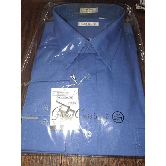 New Mens Size 17 36/37 Galo Cossinni Blue Long Button Front Dress Shirt NWT - Picture 1 of 4